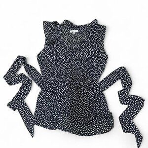 Navy blue polka dot tie front blouse with ruffle details